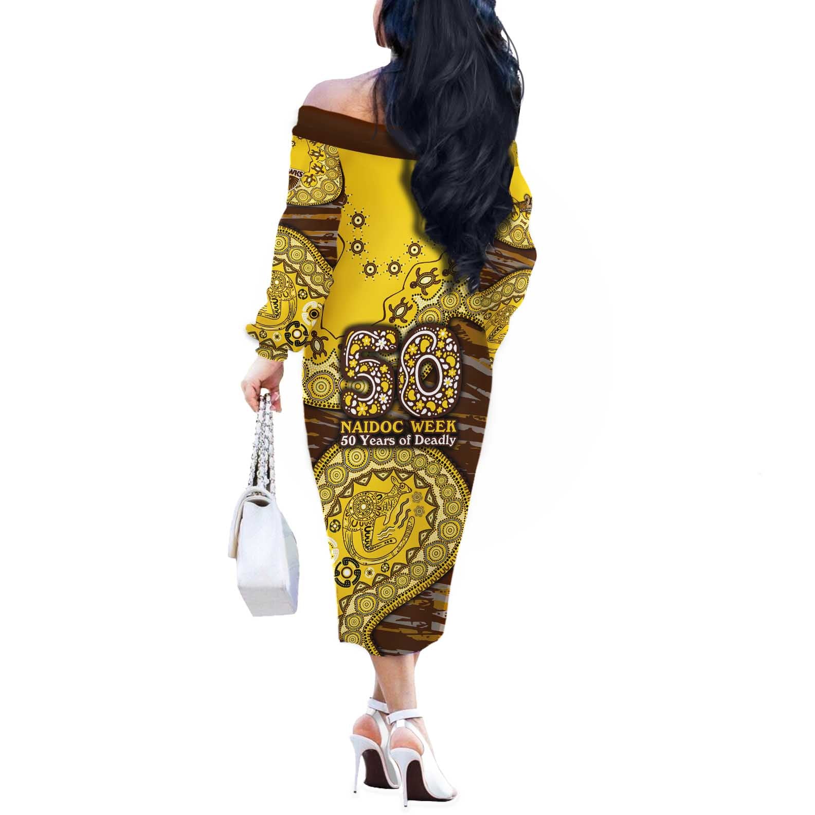 Hawthorn Hawks NAIDOC Week 2026 Off The Shoulder Long Sleeve Dress Australian Aboriginal Dot Art Dreamtime Pattern Style