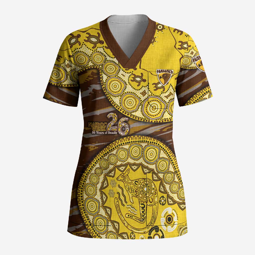 Hawthorn Hawks NAIDOC Week 2026 Scrub Top Australian Aboriginal Dot Art Dreamtime Pattern Style