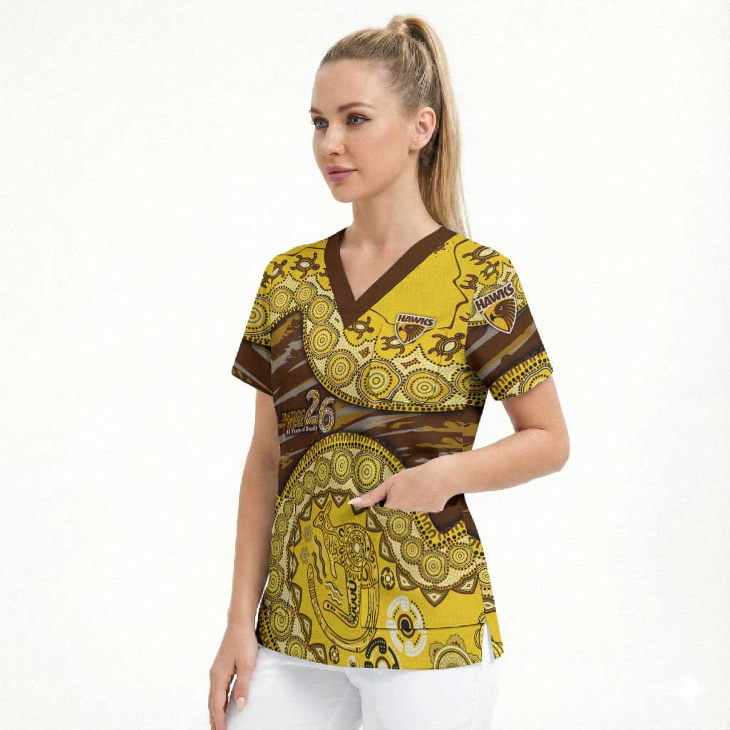 Hawthorn Hawks NAIDOC Week 2026 Scrub Top Australian Aboriginal Dot Art Dreamtime Pattern Style