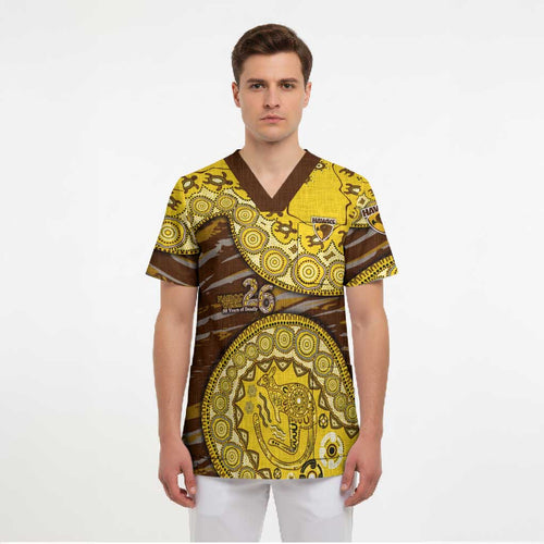 Hawthorn Hawks NAIDOC Week 2026 Scrub Top Australian Aboriginal Dot Art Dreamtime Pattern Style
