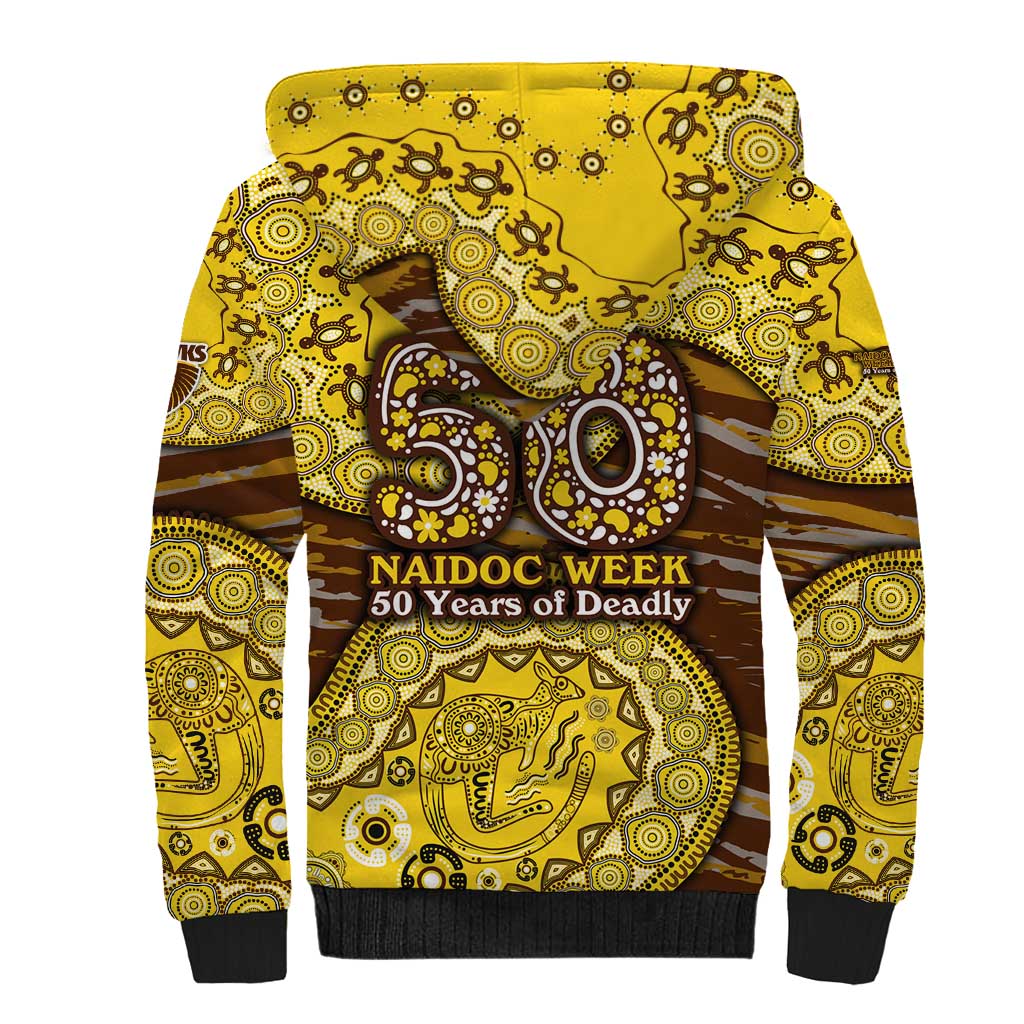Hawthorn Hawks NAIDOC Week 2026 Sherpa Hoodie Australian Aboriginal Dot Art Dreamtime Pattern Style