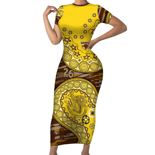 Hawthorn Hawks NAIDOC Week 2026 Short Sleeve Bodycon Dress Australian Aboriginal Dot Art Dreamtime Pattern Style