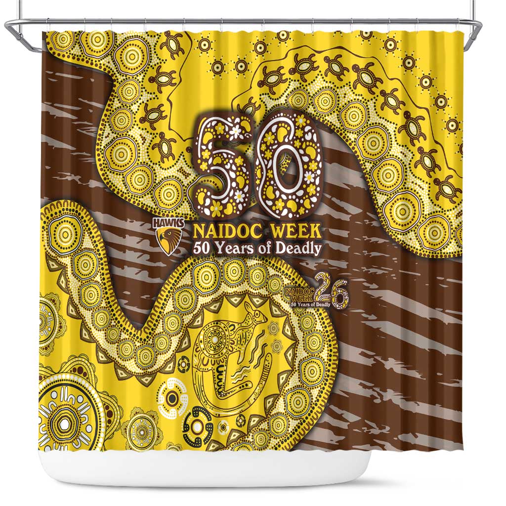 Hawthorn Hawks NAIDOC Week 2026 Shower Curtain Australian Aboriginal Dot Art Dreamtime Pattern Style