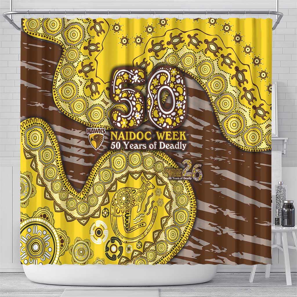 Hawthorn Hawks NAIDOC Week 2026 Shower Curtain Australian Aboriginal Dot Art Dreamtime Pattern Style