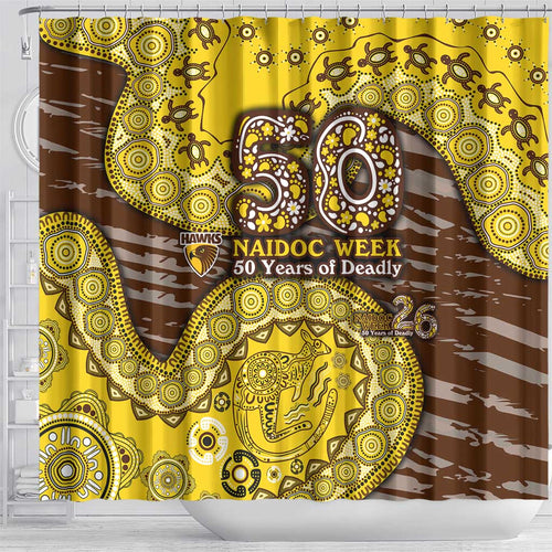 Hawthorn Hawks NAIDOC Week 2026 Shower Curtain Australian Aboriginal Dot Art Dreamtime Pattern Style