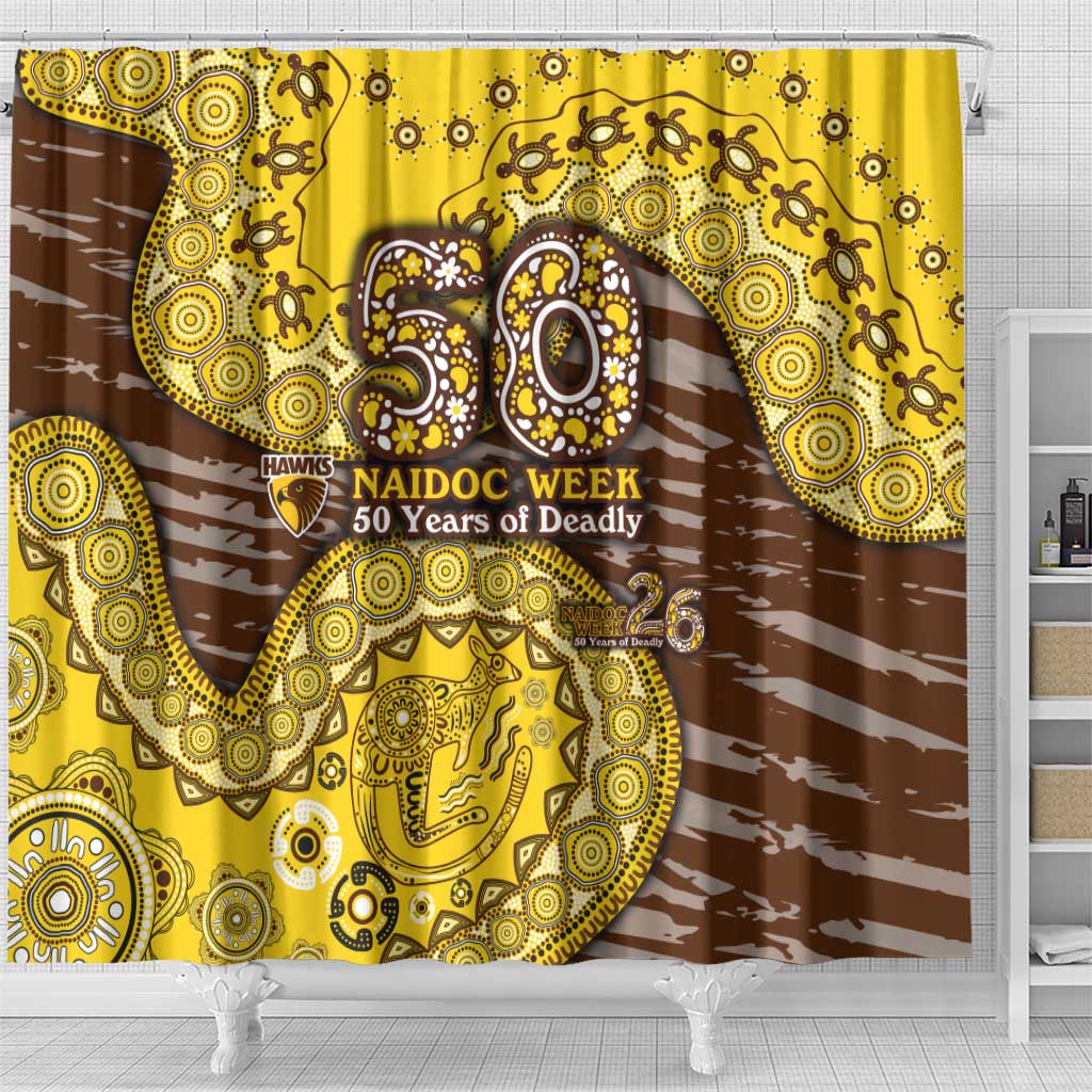 Hawthorn Hawks NAIDOC Week 2026 Shower Curtain Australian Aboriginal Dot Art Dreamtime Pattern Style