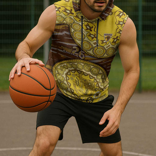 Hawthorn Hawks NAIDOC Week 2026 Sleeveless Hoodie Australian Aboriginal Dot Art Dreamtime Pattern Style