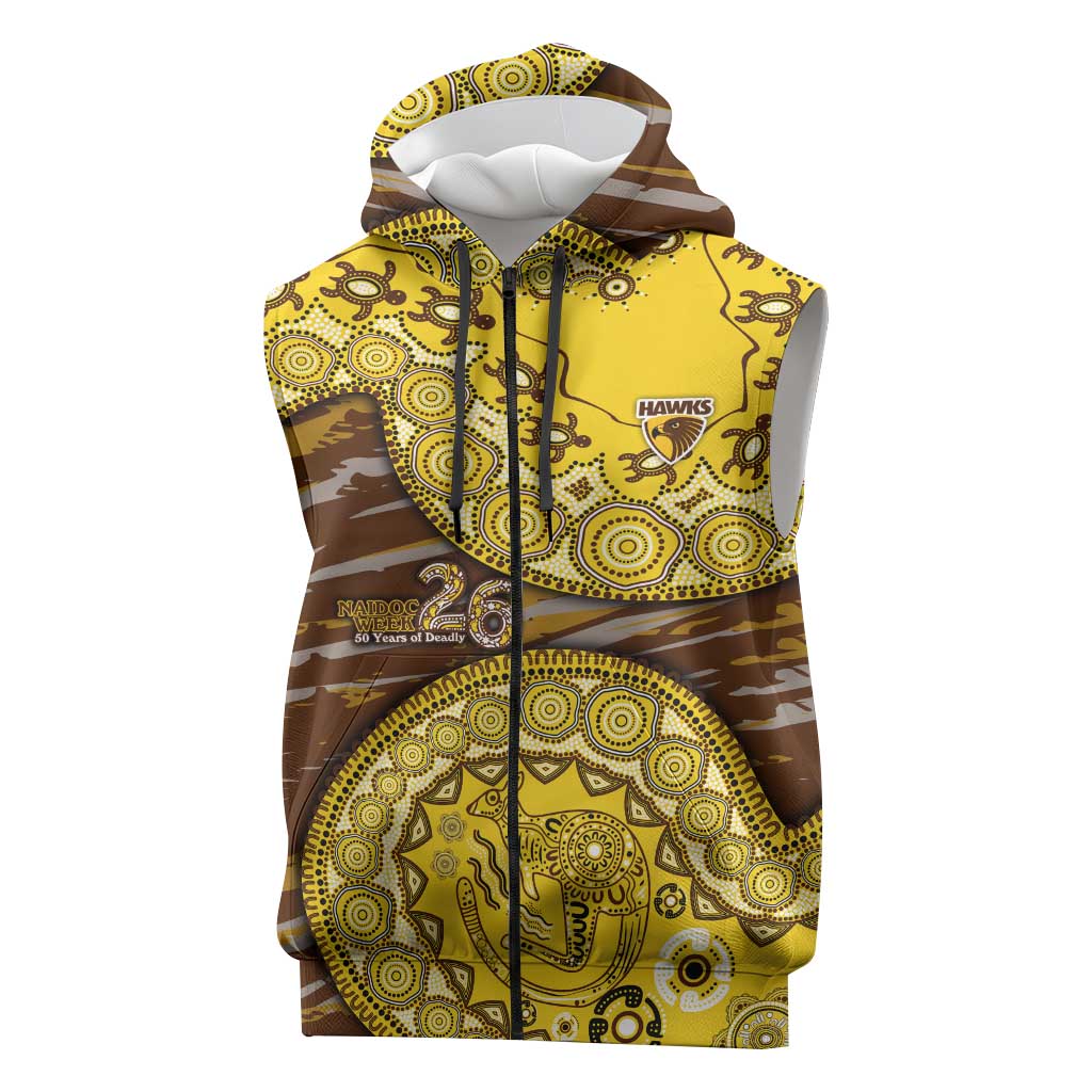 Hawthorn Hawks NAIDOC Week 2026 Sleeveless Zip Hoodie Australian Aboriginal Dot Art Dreamtime Pattern Style