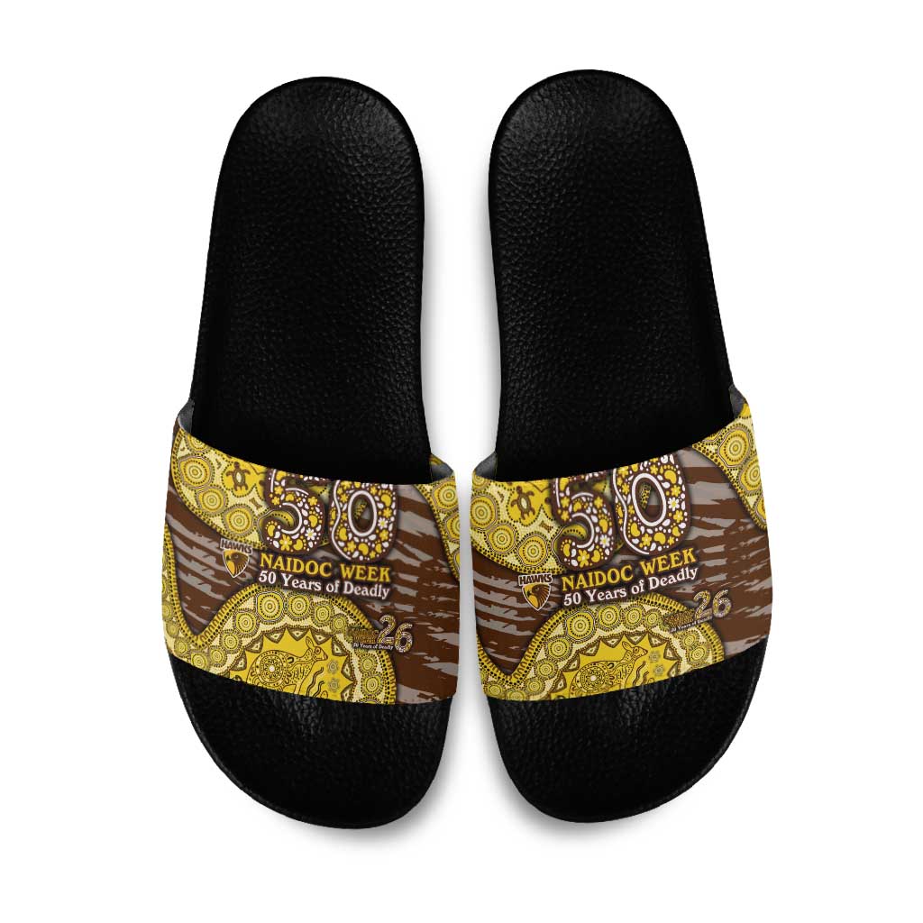 Hawthorn Hawks NAIDOC Week 2026 Slide Sandals Australian Aboriginal Dot Art Dreamtime Pattern Style