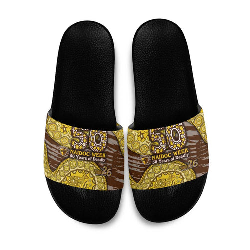 Hawthorn Hawks NAIDOC Week 2026 Slide Sandals Australian Aboriginal Dot Art Dreamtime Pattern Style