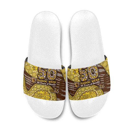 Hawthorn Hawks NAIDOC Week 2026 Slide Sandals Australian Aboriginal Dot Art Dreamtime Pattern Style