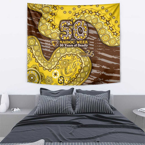 Hawthorn Hawks NAIDOC Week 2026 Tapestry Australian Aboriginal Dot Art Dreamtime Pattern Style