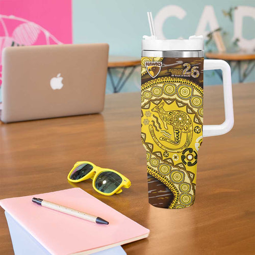 Hawthorn Hawks NAIDOC Week 2026 Tumbler With Handle Australian Aboriginal Dot Art Dreamtime Pattern Style