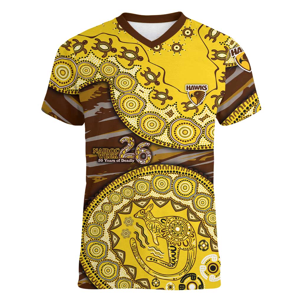 Hawthorn Hawks NAIDOC Week 2026 Women V-Neck T-Shirt Australian Aboriginal Dot Art Dreamtime Pattern Style