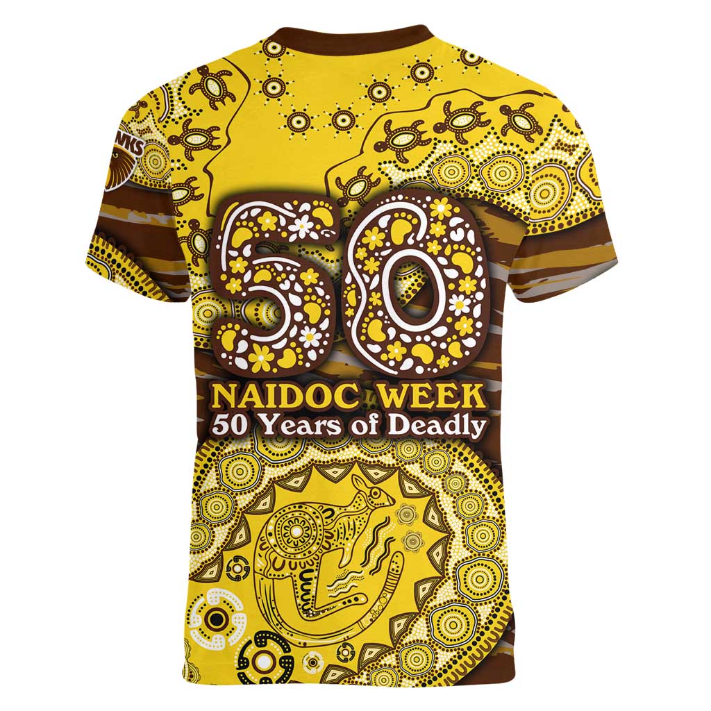 Hawthorn Hawks NAIDOC Week 2026 Women V-Neck T-Shirt Australian Aboriginal Dot Art Dreamtime Pattern Style