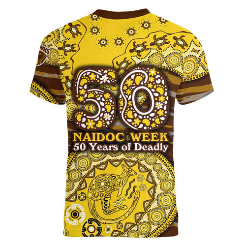 Hawthorn Hawks NAIDOC Week 2026 Women V-Neck T-Shirt Australian Aboriginal Dot Art Dreamtime Pattern Style