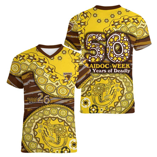 Hawthorn Hawks NAIDOC Week 2026 Women V-Neck T-Shirt Australian Aboriginal Dot Art Dreamtime Pattern Style