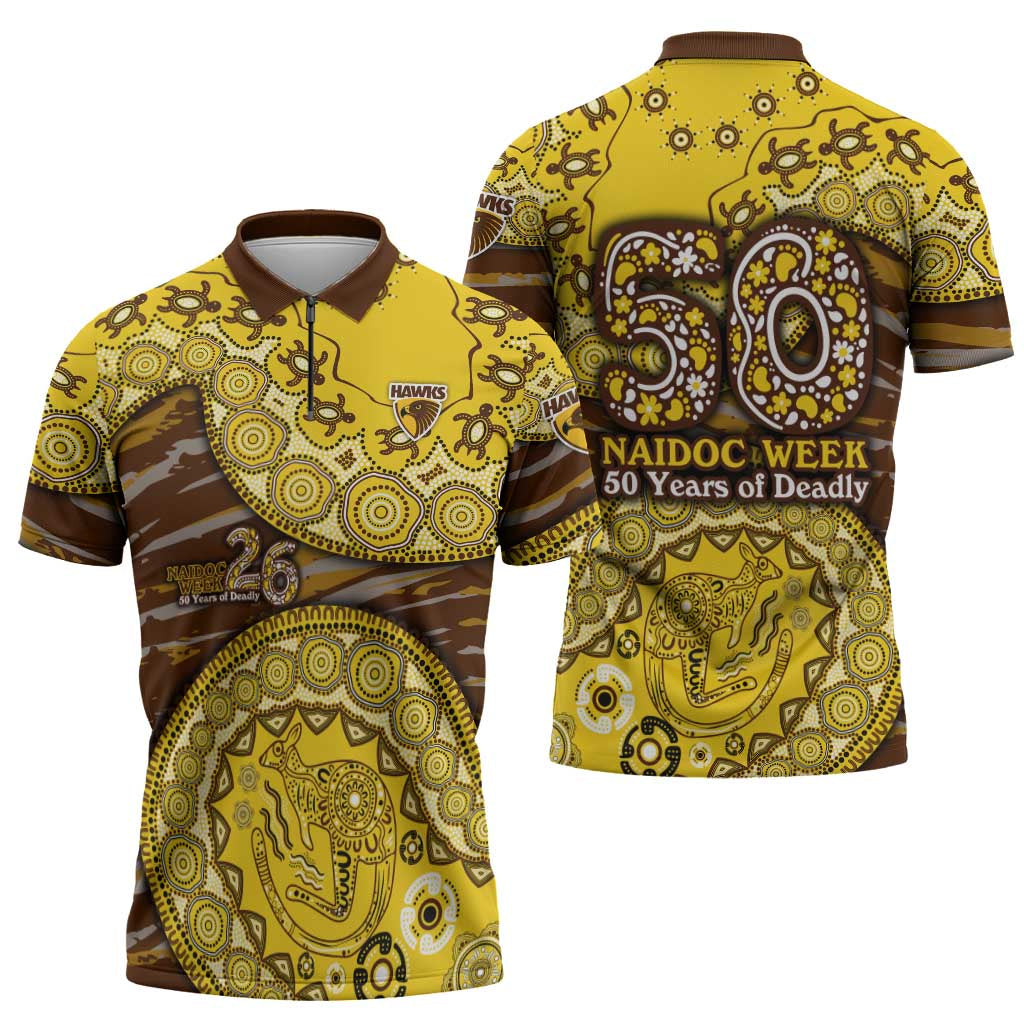 Hawthorn Hawks NAIDOC Week 2026 Zipper Polo Shirt Australian Aboriginal Dot Art Dreamtime Pattern Style