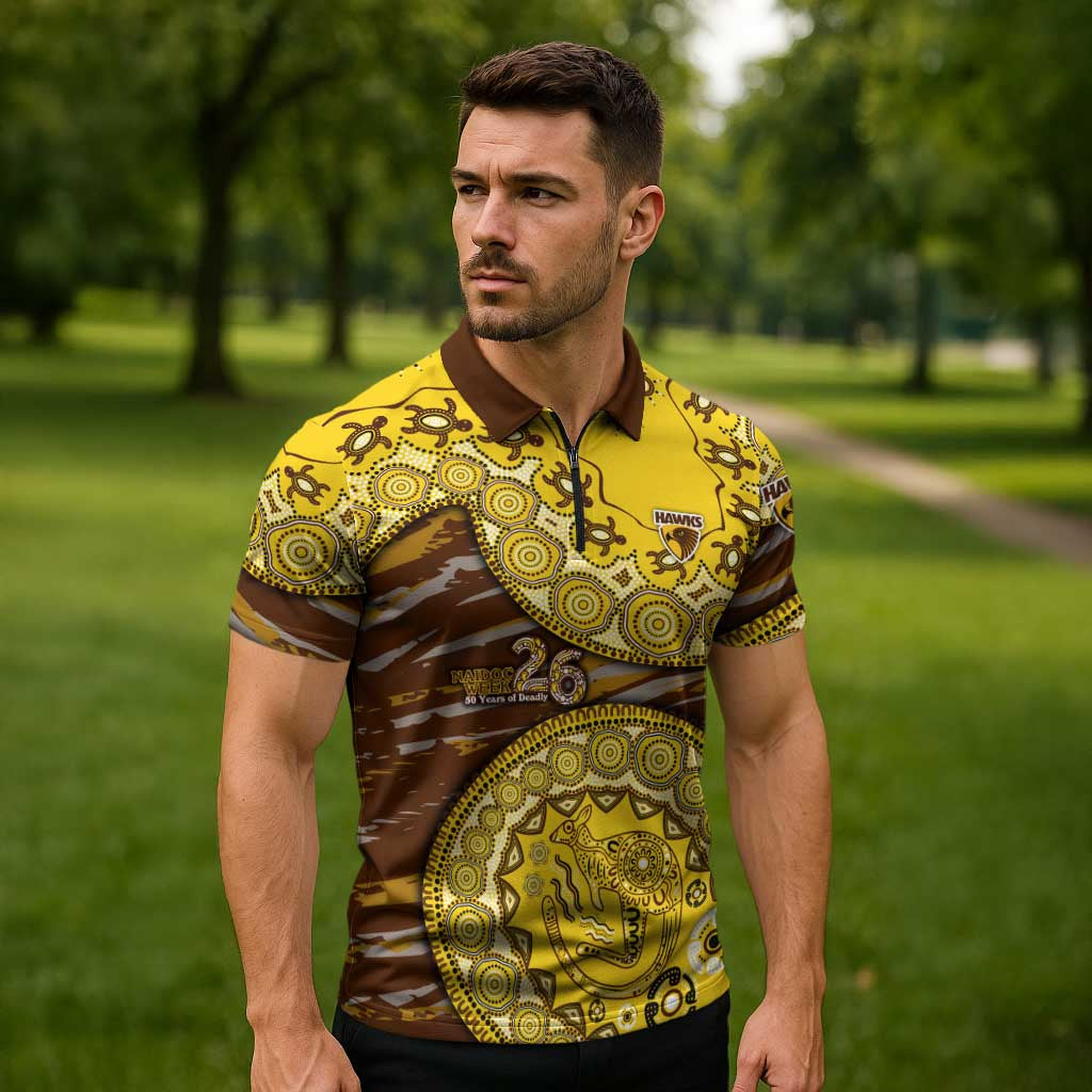 Hawthorn Hawks NAIDOC Week 2026 Zipper Polo Shirt Australian Aboriginal Dot Art Dreamtime Pattern Style