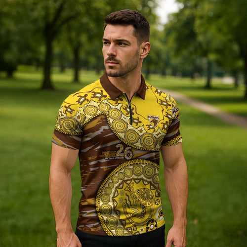 Hawthorn Hawks NAIDOC Week 2026 Zipper Polo Shirt Australian Aboriginal Dot Art Dreamtime Pattern Style