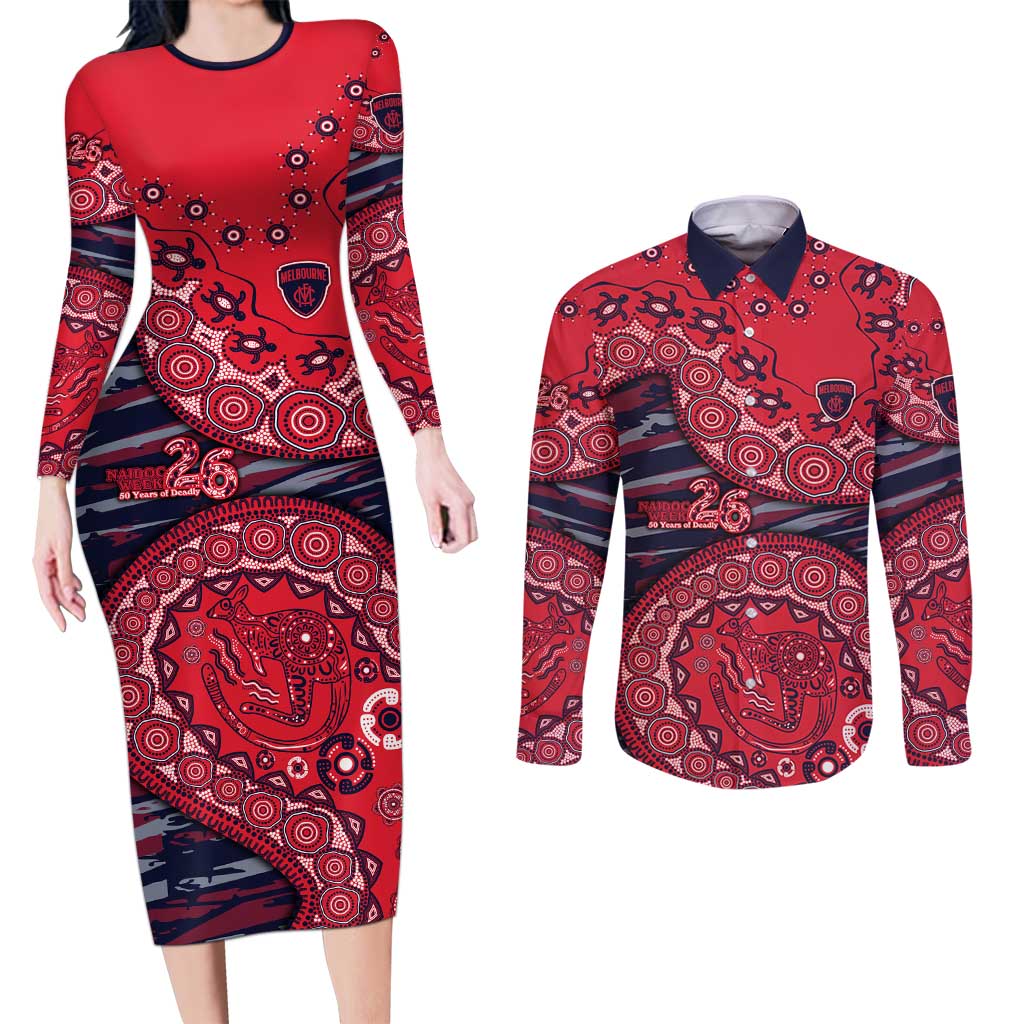 Melbourne Demons NAIDOC Week 2026 Couples Matching Long Sleeve Bodycon Dress and Long Sleeve Button Shirt Australian Aboriginal Dot Art Dreamtime Pattern Style