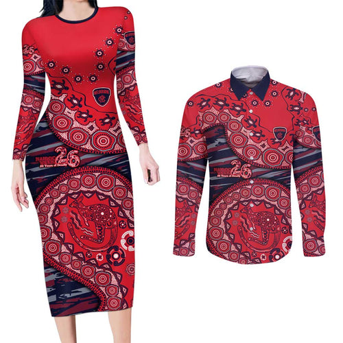 Melbourne Demons NAIDOC Week 2026 Couples Matching Long Sleeve Bodycon Dress and Long Sleeve Button Shirt Australian Aboriginal Dot Art Dreamtime Pattern Style