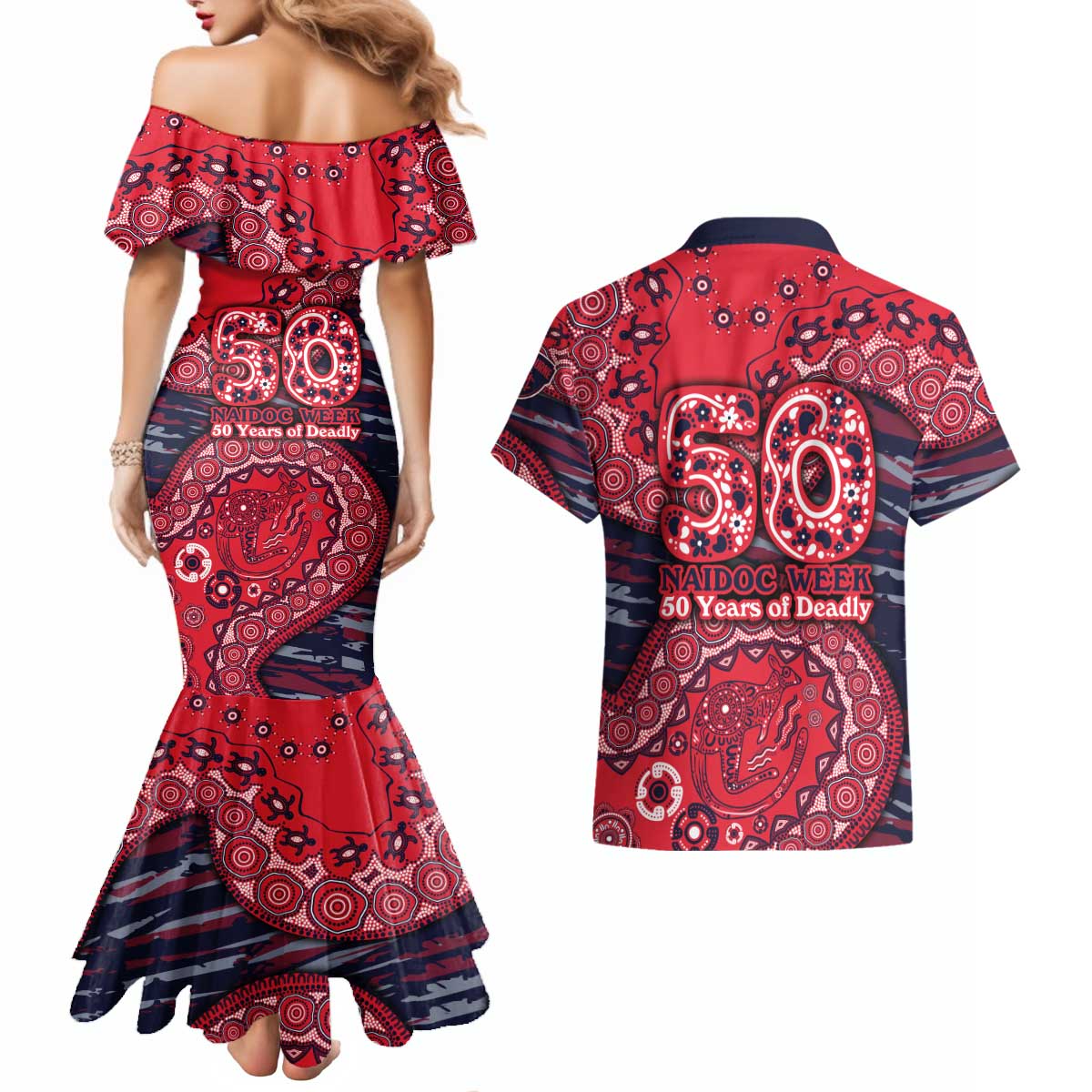 Melbourne Demons NAIDOC Week 2026 Couples Matching Mermaid Dress and Hawaiian Shirt Australian Aboriginal Dot Art Dreamtime Pattern Style