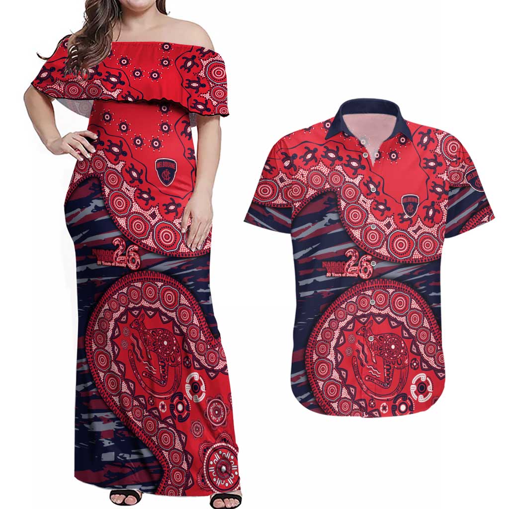 Melbourne Demons NAIDOC Week 2026 Couples Matching Off Shoulder Maxi Dress and Hawaiian Shirt Australian Aboriginal Dot Art Dreamtime Pattern Style