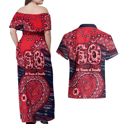 Melbourne Demons NAIDOC Week 2026 Couples Matching Off Shoulder Maxi Dress and Hawaiian Shirt Australian Aboriginal Dot Art Dreamtime Pattern Style