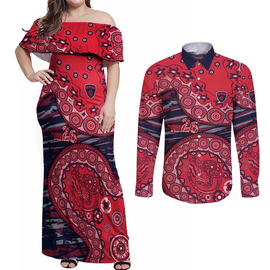 Melbourne Demons NAIDOC Week 2026 Couples Matching Off Shoulder Maxi Dress and Long Sleeve Button Shirt Australian Aboriginal Dot Art Dreamtime Pattern Style