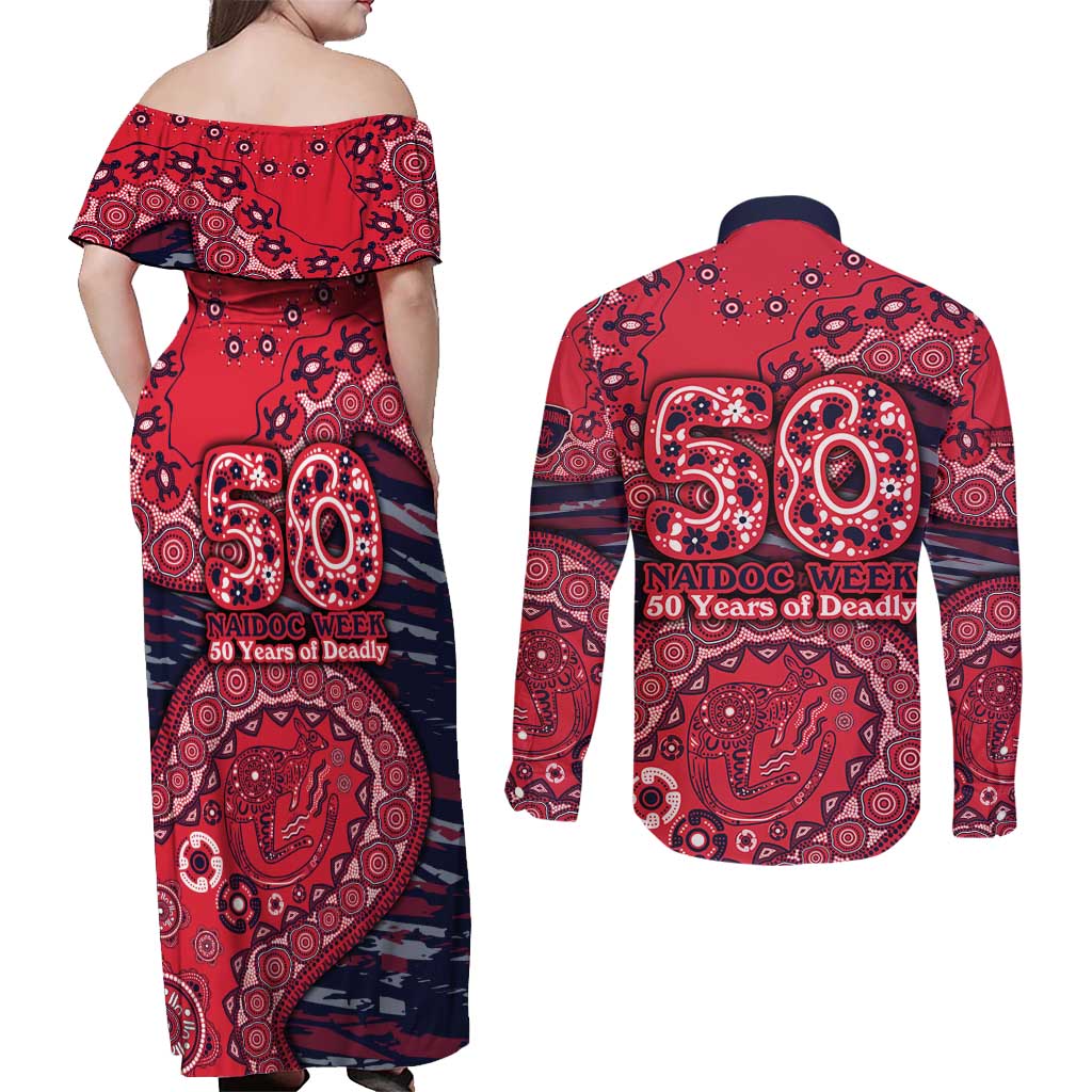 Melbourne Demons NAIDOC Week 2026 Couples Matching Off Shoulder Maxi Dress and Long Sleeve Button Shirt Australian Aboriginal Dot Art Dreamtime Pattern Style