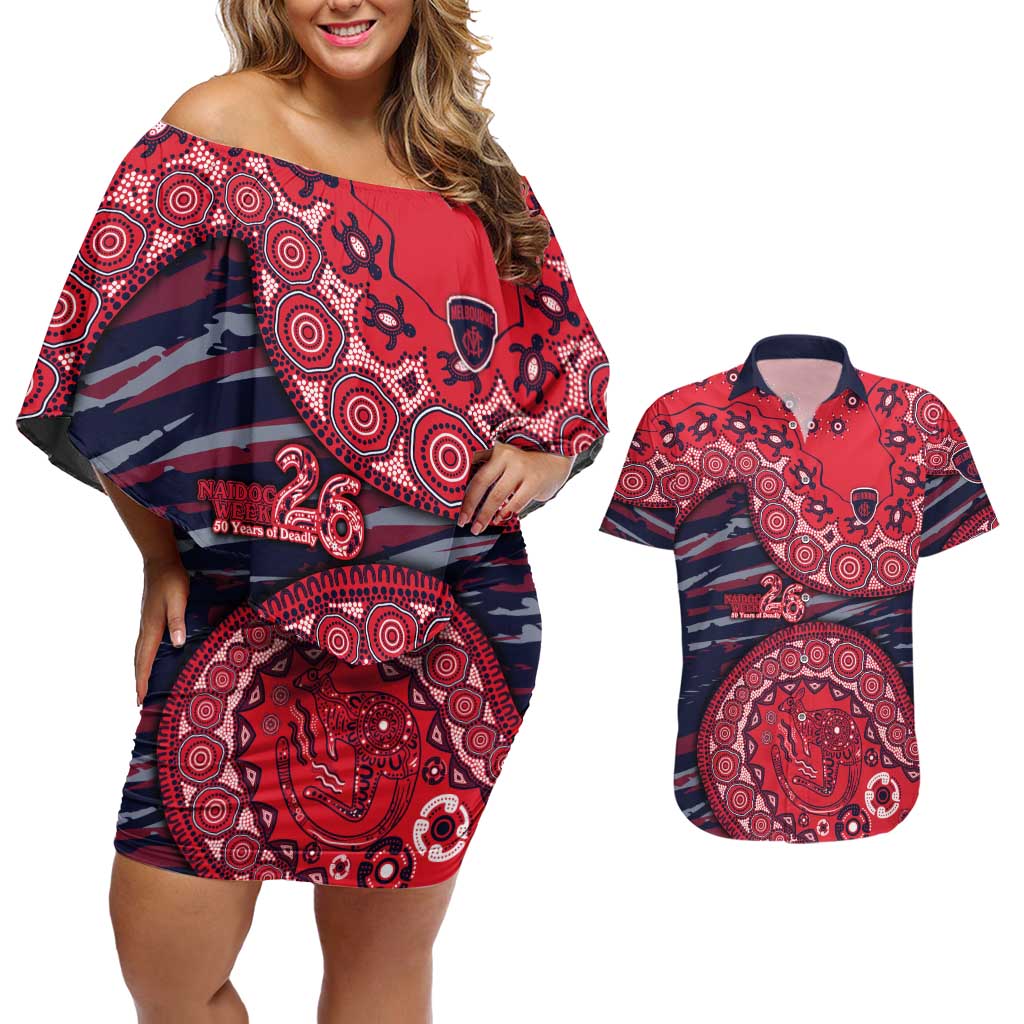 Melbourne Demons NAIDOC Week 2026 Couples Matching Off Shoulder Short Dress and Hawaiian Shirt Australian Aboriginal Dot Art Dreamtime Pattern Style
