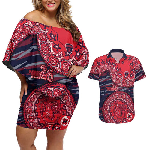 Melbourne Demons NAIDOC Week 2026 Couples Matching Off Shoulder Short Dress and Hawaiian Shirt Australian Aboriginal Dot Art Dreamtime Pattern Style