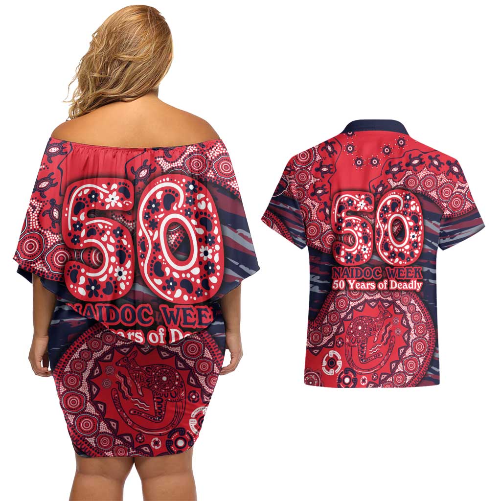 Melbourne Demons NAIDOC Week 2026 Couples Matching Off Shoulder Short Dress and Hawaiian Shirt Australian Aboriginal Dot Art Dreamtime Pattern Style