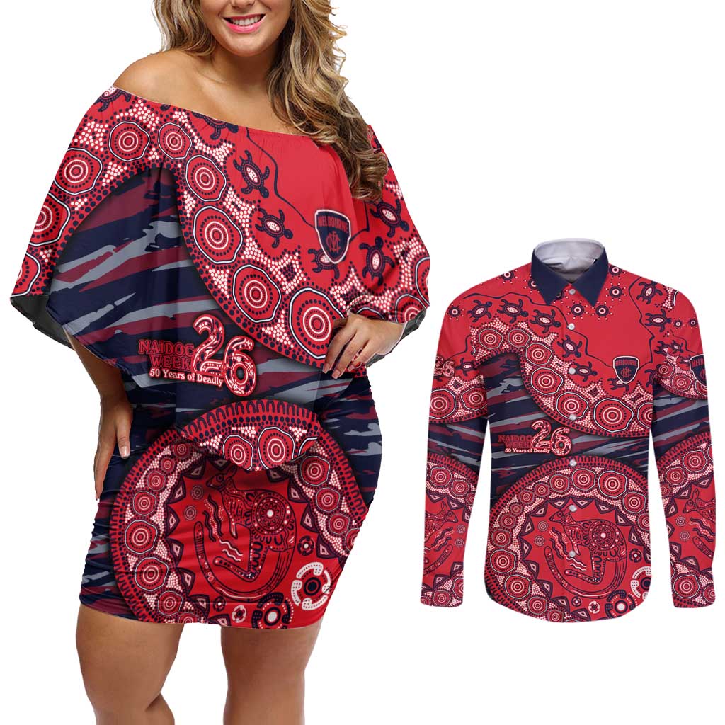 Melbourne Demons NAIDOC Week 2026 Couples Matching Off Shoulder Short Dress and Long Sleeve Button Shirt Australian Aboriginal Dot Art Dreamtime Pattern Style