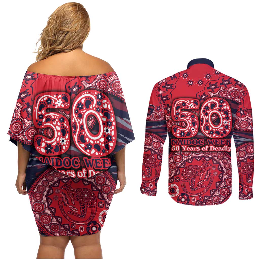 Melbourne Demons NAIDOC Week 2026 Couples Matching Off Shoulder Short Dress and Long Sleeve Button Shirt Australian Aboriginal Dot Art Dreamtime Pattern Style