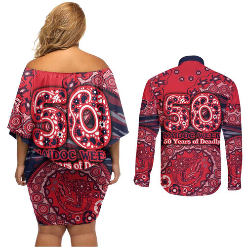 Melbourne Demons NAIDOC Week 2026 Couples Matching Off Shoulder Short Dress and Long Sleeve Button Shirt Australian Aboriginal Dot Art Dreamtime Pattern Style