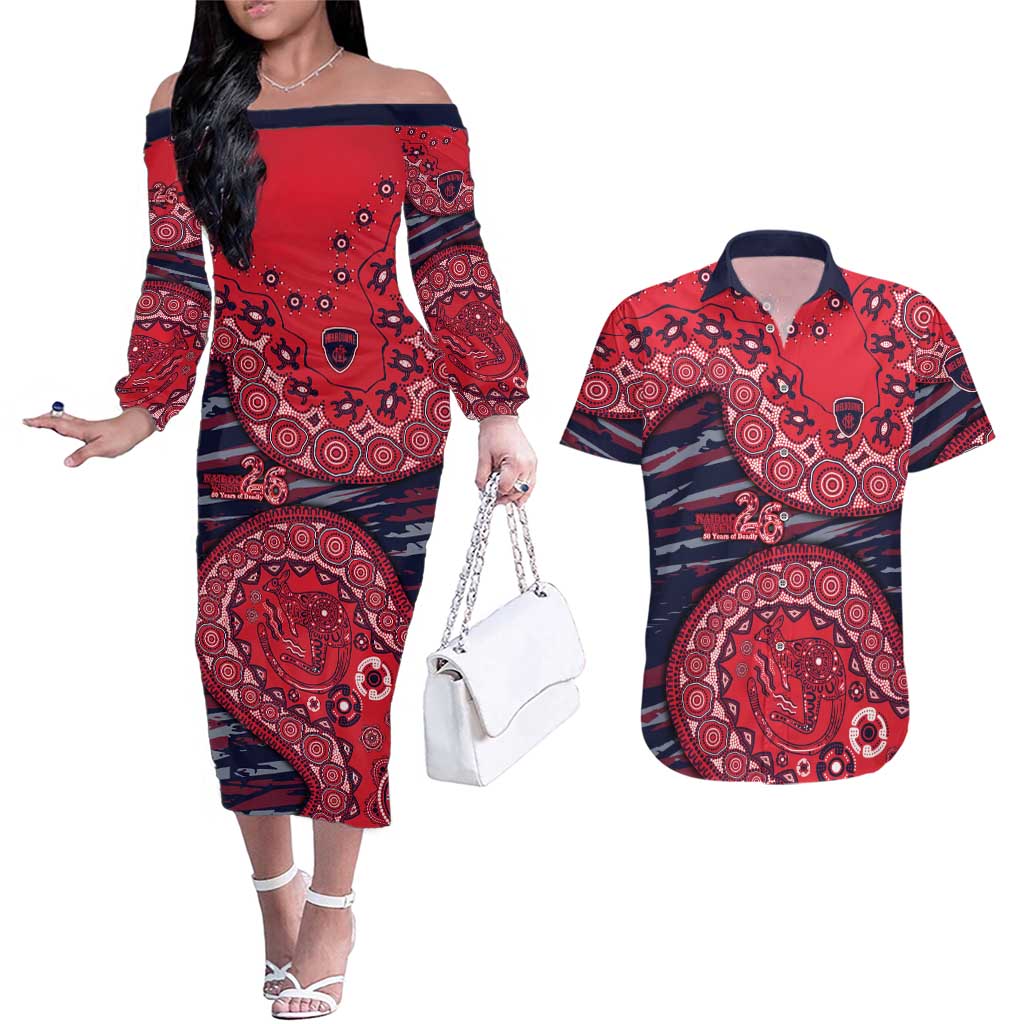Melbourne Demons NAIDOC Week 2026 Couples Matching Off The Shoulder Long Sleeve Dress and Hawaiian Shirt Australian Aboriginal Dot Art Dreamtime Pattern Style