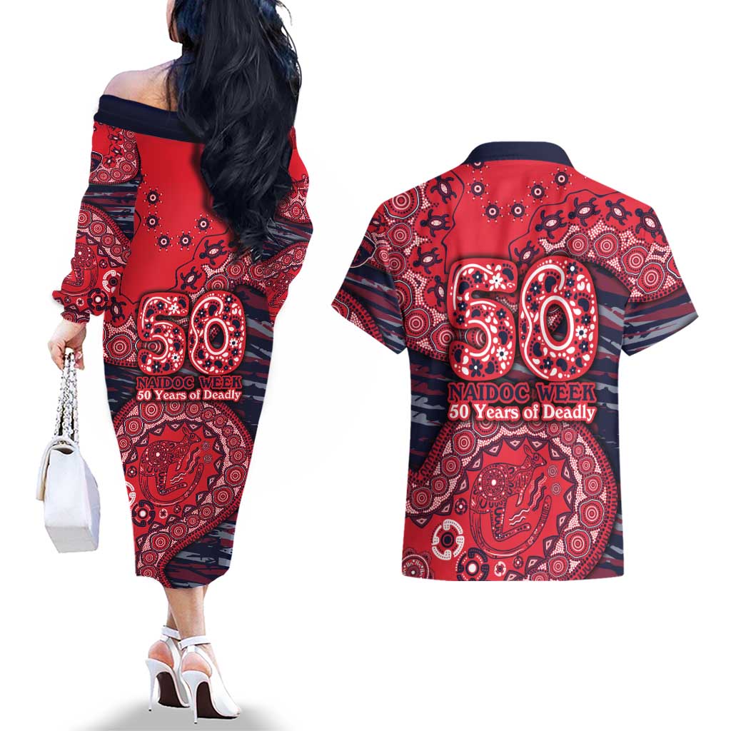 Melbourne Demons NAIDOC Week 2026 Couples Matching Off The Shoulder Long Sleeve Dress and Hawaiian Shirt Australian Aboriginal Dot Art Dreamtime Pattern Style