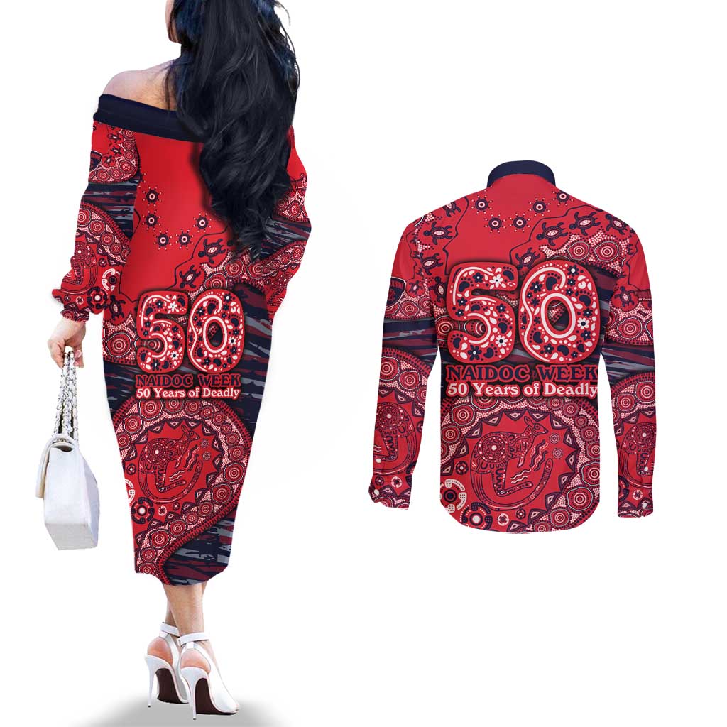 Melbourne Demons NAIDOC Week 2026 Couples Matching Off The Shoulder Long Sleeve Dress and Long Sleeve Button Shirt Australian Aboriginal Dot Art Dreamtime Pattern Style