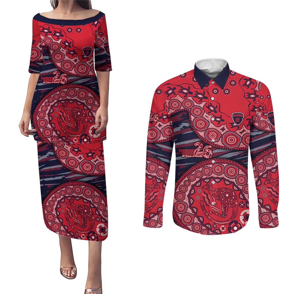 Melbourne Demons NAIDOC Week 2026 Couples Matching Puletasi and Long Sleeve Button Shirt Australian Aboriginal Dot Art Dreamtime Pattern Style