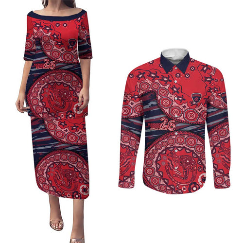 Melbourne Demons NAIDOC Week 2026 Couples Matching Puletasi and Long Sleeve Button Shirt Australian Aboriginal Dot Art Dreamtime Pattern Style