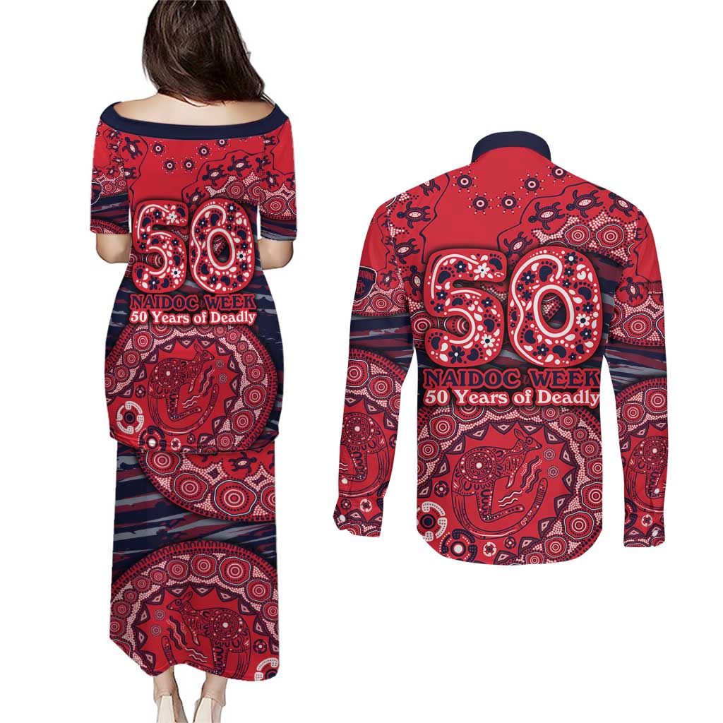 Melbourne Demons NAIDOC Week 2026 Couples Matching Puletasi and Long Sleeve Button Shirt Australian Aboriginal Dot Art Dreamtime Pattern Style