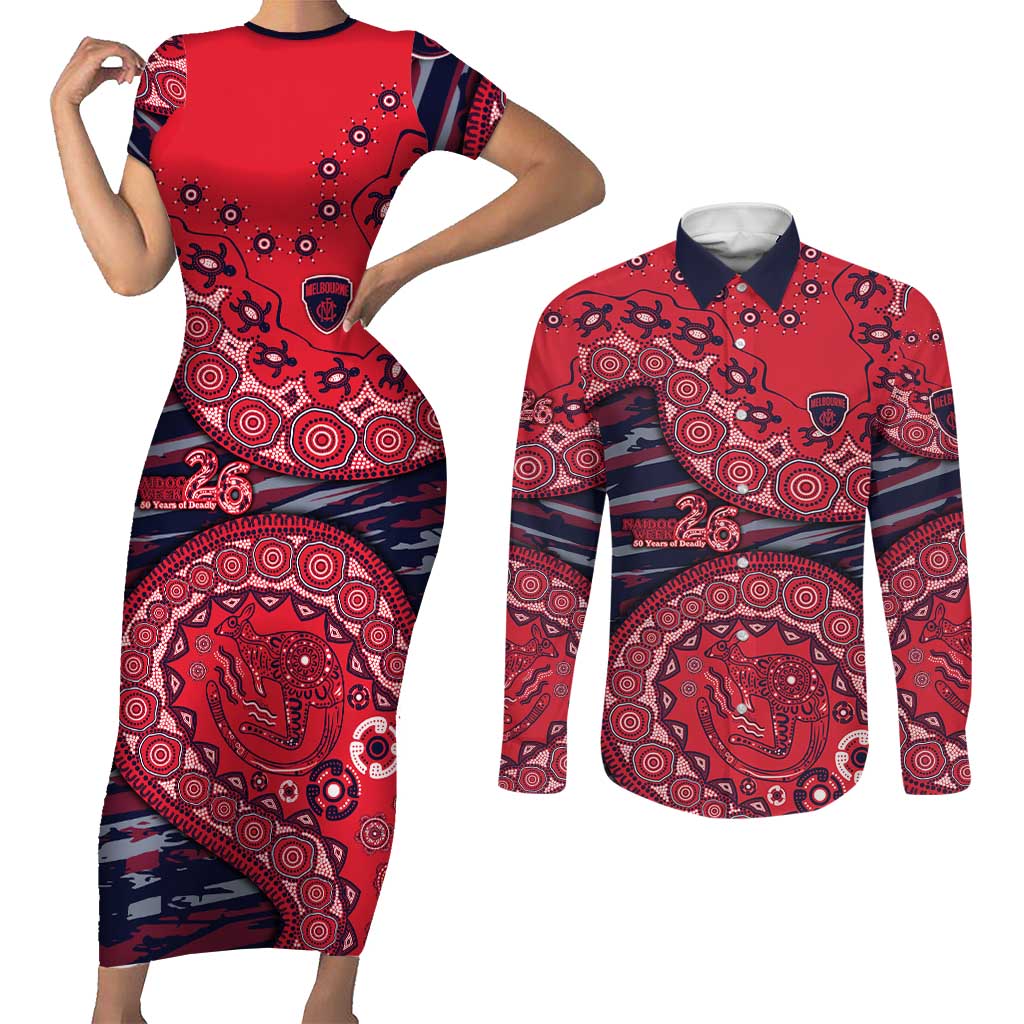 Melbourne Demons NAIDOC Week 2026 Couples Matching Short Sleeve Bodycon Dress and Long Sleeve Button Shirt Australian Aboriginal Dot Art Dreamtime Pattern Style