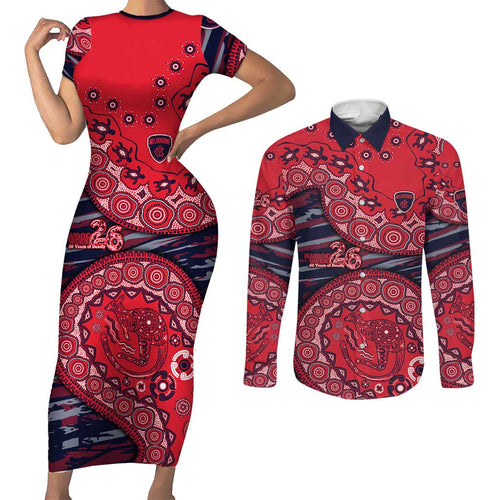 Melbourne Demons NAIDOC Week 2026 Couples Matching Short Sleeve Bodycon Dress and Long Sleeve Button Shirt Australian Aboriginal Dot Art Dreamtime Pattern Style