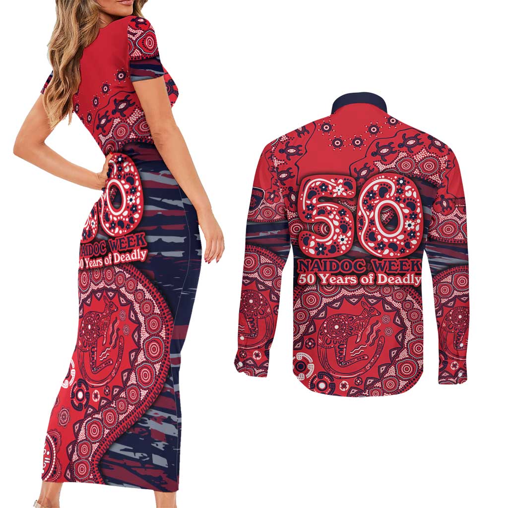 Melbourne Demons NAIDOC Week 2026 Couples Matching Short Sleeve Bodycon Dress and Long Sleeve Button Shirt Australian Aboriginal Dot Art Dreamtime Pattern Style