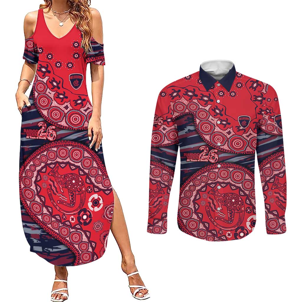 Melbourne Demons NAIDOC Week 2026 Couples Matching Summer Maxi Dress and Long Sleeve Button Shirt Australian Aboriginal Dot Art Dreamtime Pattern Style