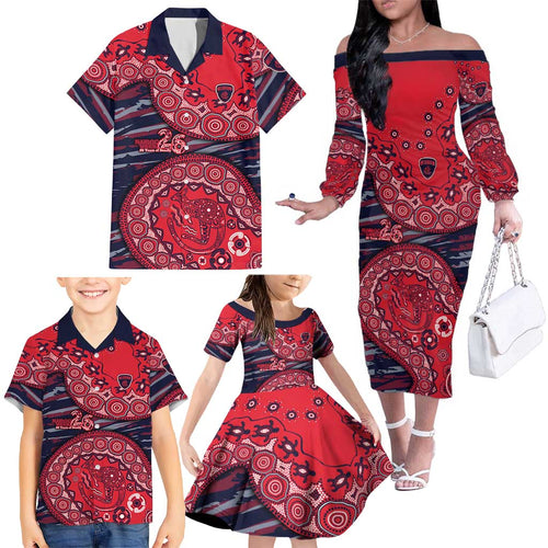 Melbourne Demons NAIDOC Week 2026 Family Matching Off The Shoulder Long Sleeve Dress and Hawaiian Shirt Australian Aboriginal Dot Art Dreamtime Pattern Style