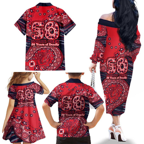 Melbourne Demons NAIDOC Week 2026 Family Matching Off The Shoulder Long Sleeve Dress and Hawaiian Shirt Australian Aboriginal Dot Art Dreamtime Pattern Style