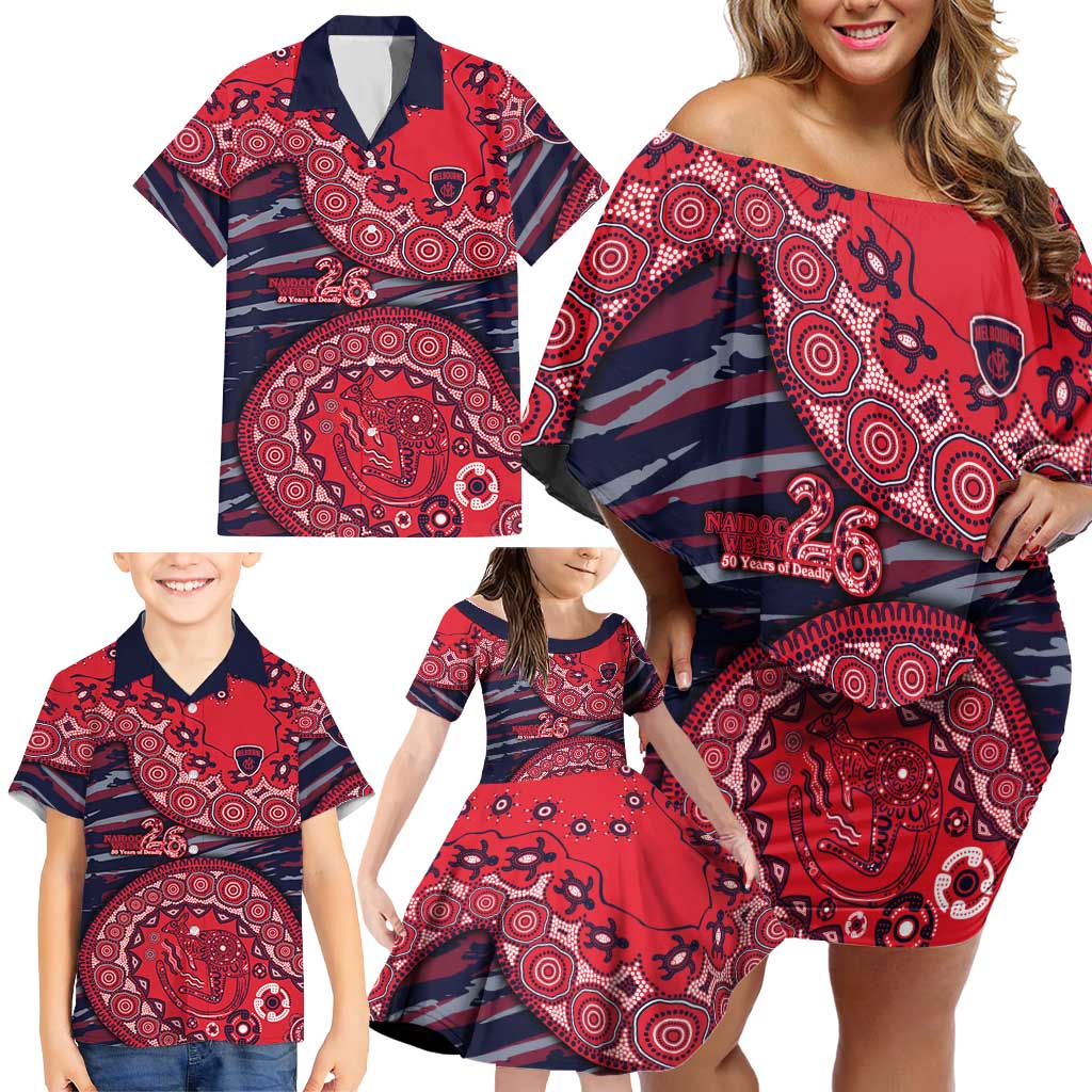 Melbourne Demons NAIDOC Week 2026 Family Matching Off Shoulder Short Dress and Hawaiian Shirt Australian Aboriginal Dot Art Dreamtime Pattern Style